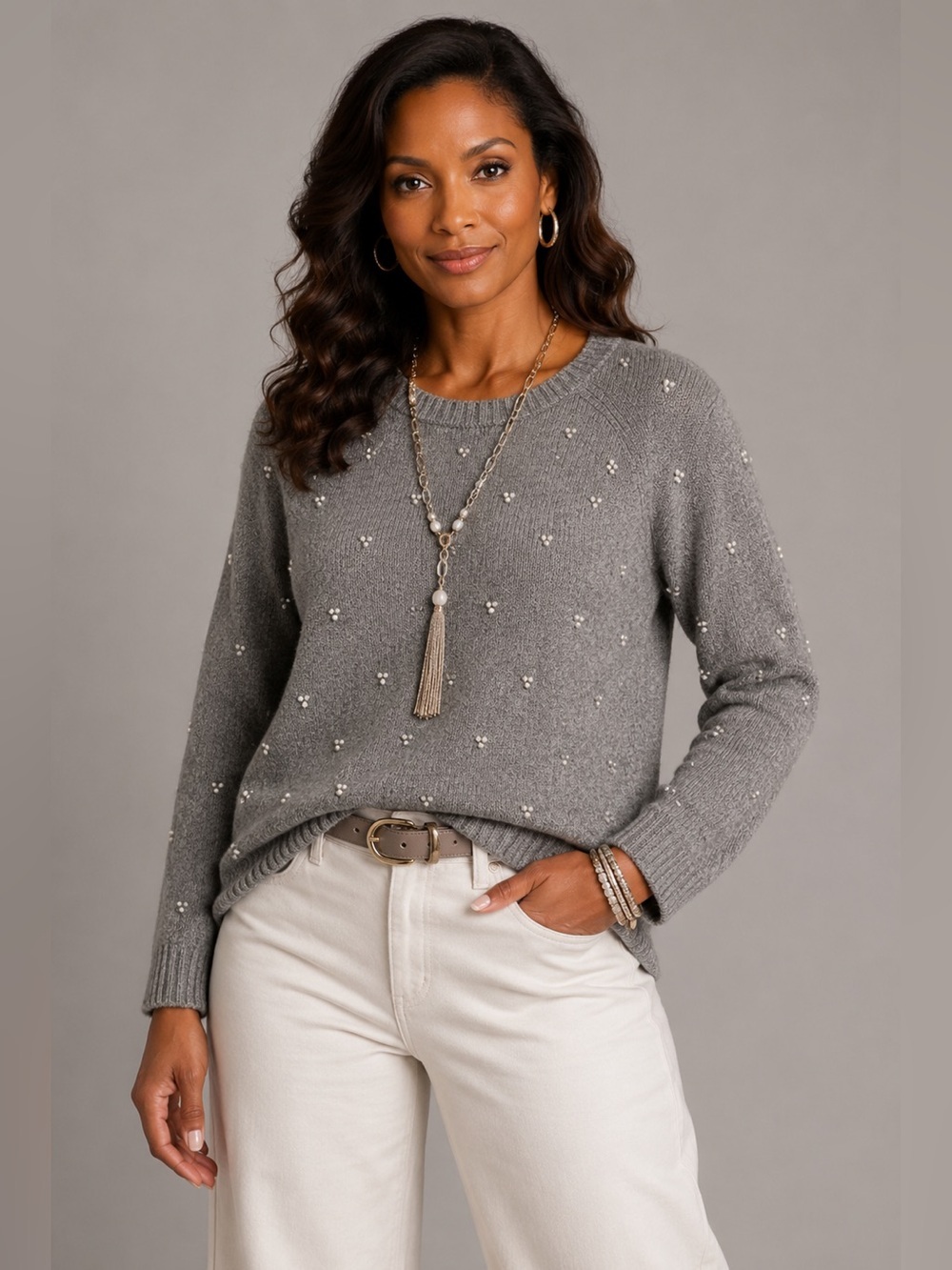 AX Armani Exchange Gray Pearl Embellished Knit Sweater | Size S
